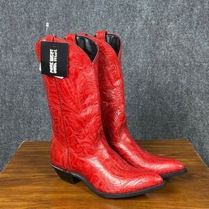 Vintage Code West‎ Women's 9M Red Leather Embossed Cowboy Western Boots USA